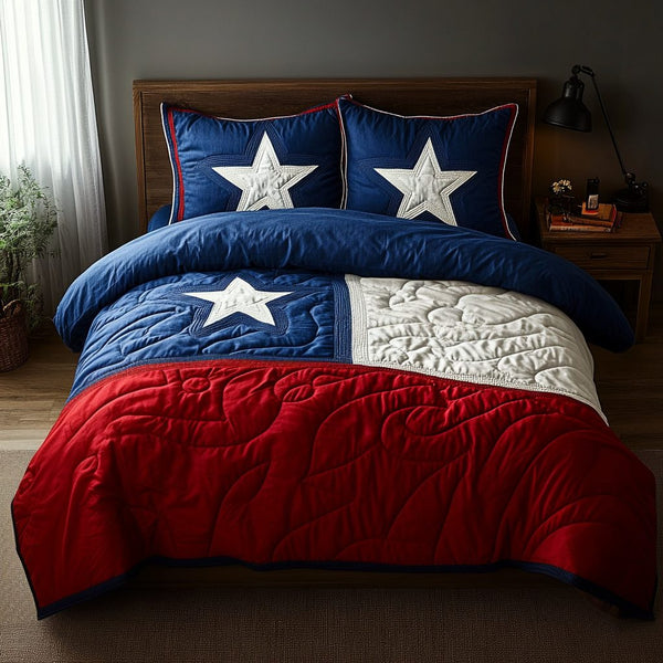 Star of Texas quilted 3-piece bedding set on a made bed in a rustic timber bedroom