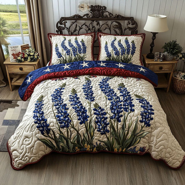 Star of Texas quilted 3-piece bedding set on a made bed in a rustic timber bedroom