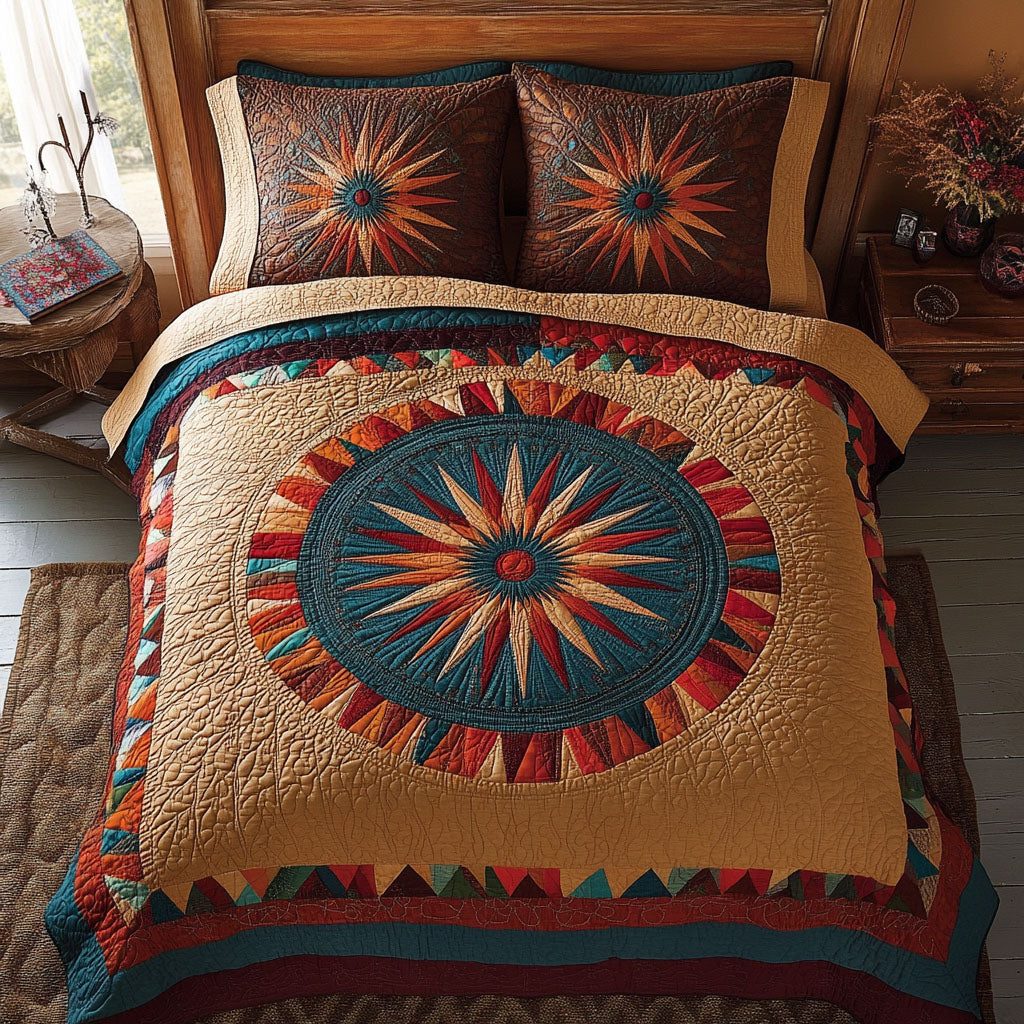 Star of Tradition quilted 3-piece bedding set on a made bed with two matching pillow shams