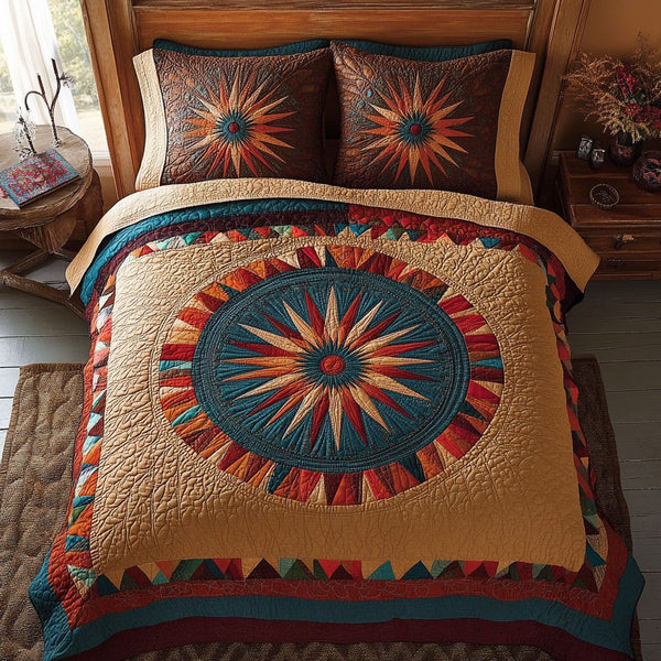 Star of Tradition quilted 3-piece bedding set on a made bed with two matching pillow shams