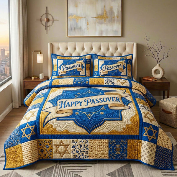 Star Passover quilted 3-piece bedding set on a made bed with two matching pillow shams