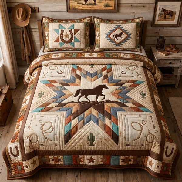 Star Runner Horse quilted 3-piece bedding set on a made bed in a rustic timber bedroom
