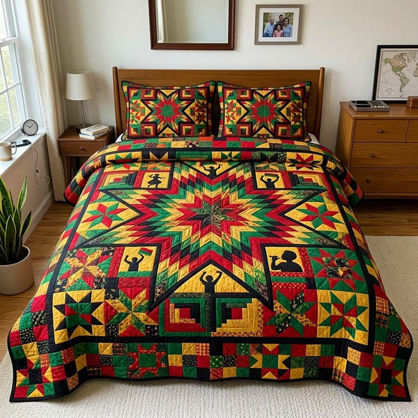 Star Solidarity quilted 3-piece bedding set on a made bed with two matching pillow shams