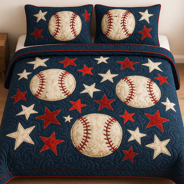 Star Spangled Baseball quilted 3-piece bedding set on a made bed in a warmly lit bedroom