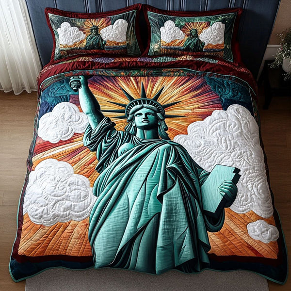 Star Spangled Liberty quilted 3-piece bedding set on a made bed in a warmly lit bedroom