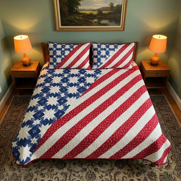 Star Spangled quilted 3-piece bedding set on a made bed in a warmly lit bedroom
