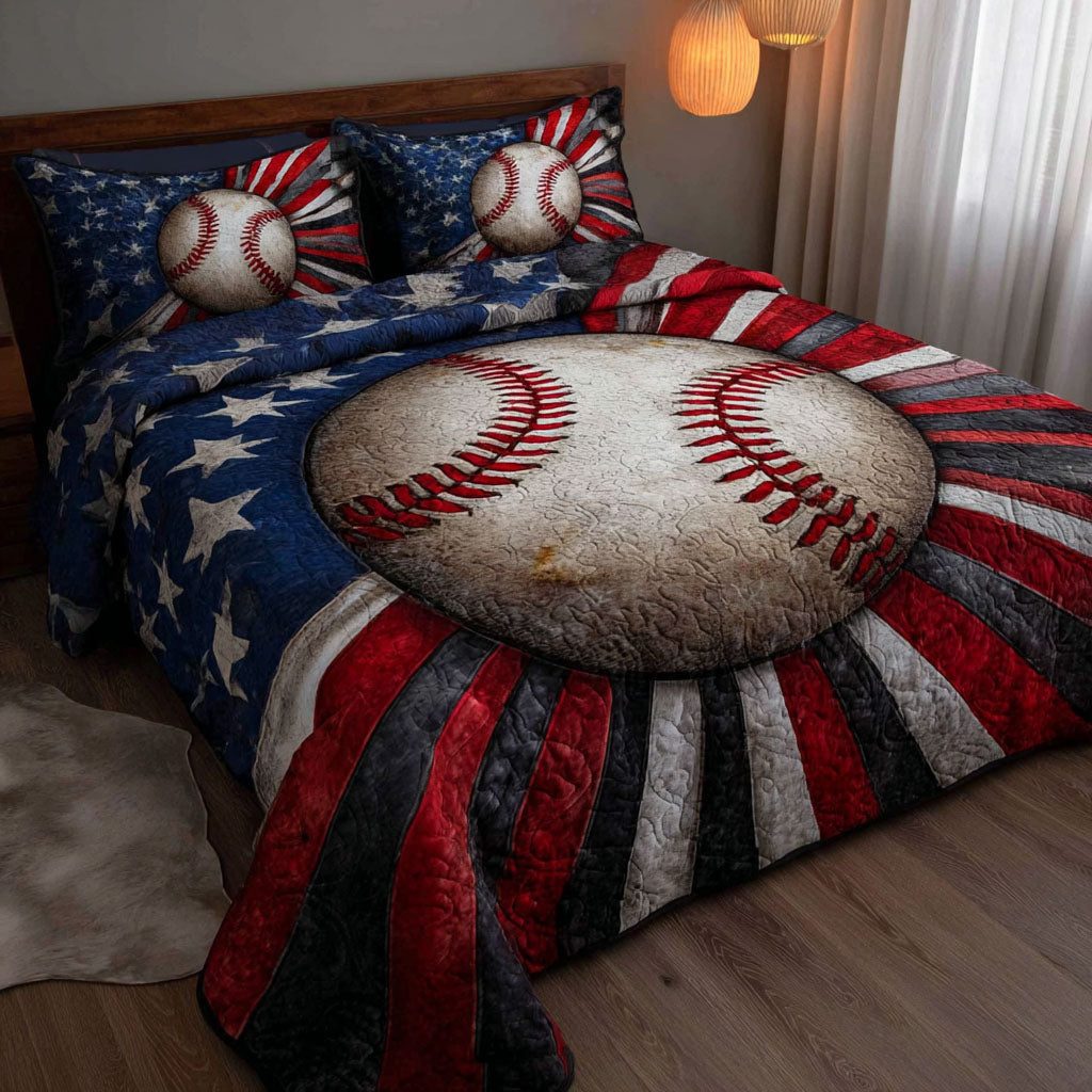 Star Stripes quilted 3-piece bedding set on a made bed with two matching pillow shams