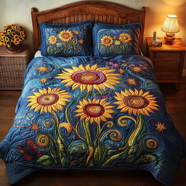 Star Sunflowers quilted 3-piece bedding set on a made bed with two matching pillow shams