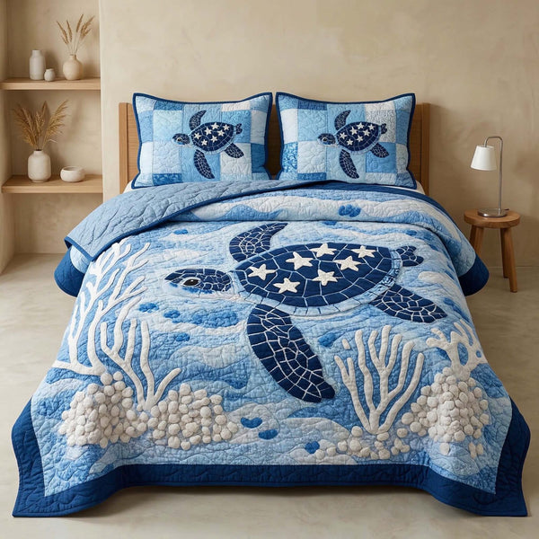 Star Turtle quilted 3-piece bedding set on a made bed in a light coastal bedroom