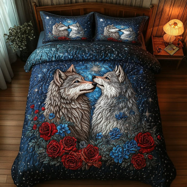 Star Wolves quilted 3-piece bedding set on a made bed with two matching pillow shams