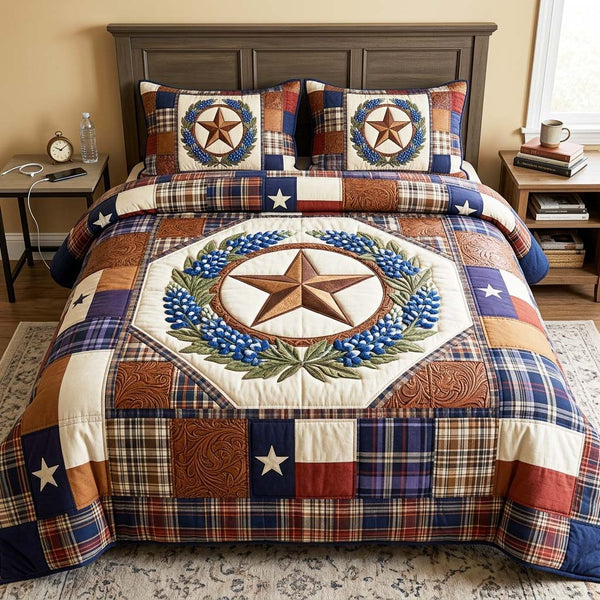 Star Wreath quilted 3-piece bedding set on a made bed in a winter-styled bedroom