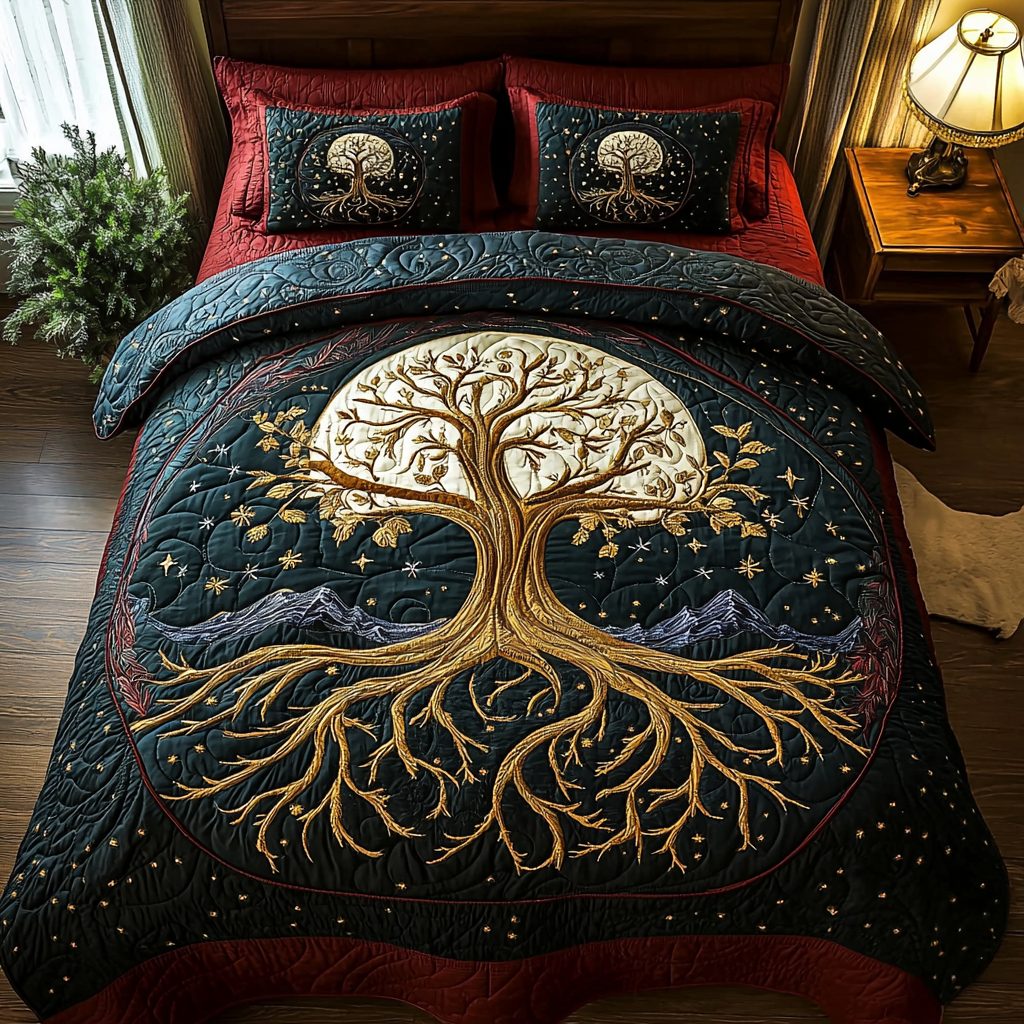 Starbound Tree quilted 3-piece bedding set on a made bed with two matching pillow shams