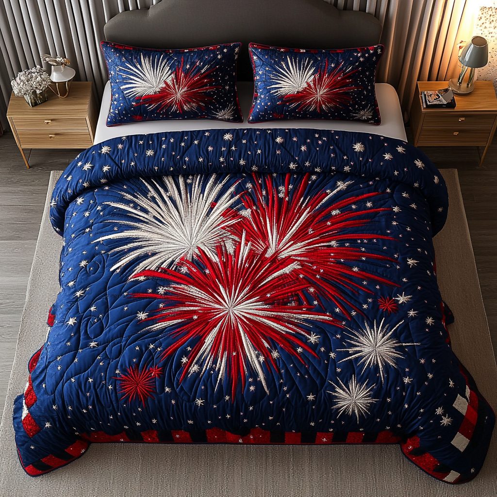 Starburst Glow quilted 3-piece bedding set on a made bed with two matching pillow shams