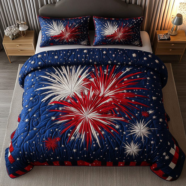 Starburst Glow quilted 3-piece bedding set on a made bed with two matching pillow shams