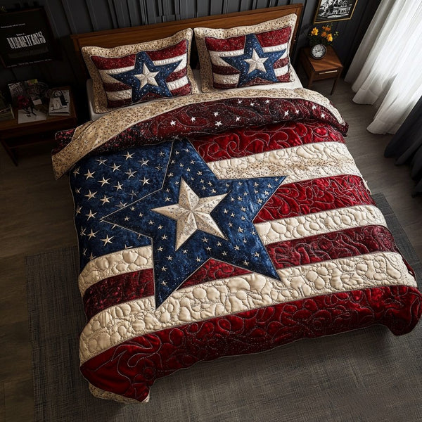 Starburst Pride quilted 3-piece bedding set on a made bed with two matching pillow shams