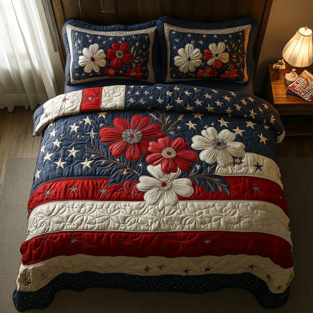 Starburst Pride quilted 3-piece bedding set on a made bed with two matching pillow shams