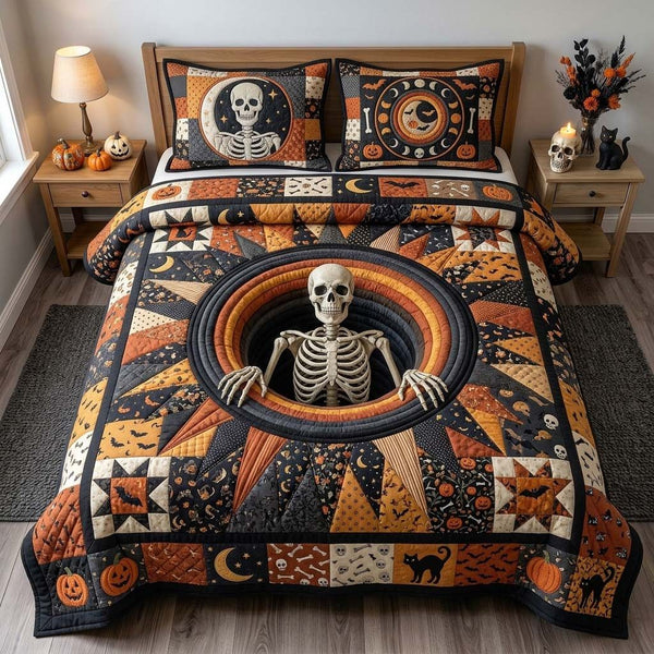 Starburst Skeleton quilted 3-piece bedding set on a made bed against a dark styled interior
