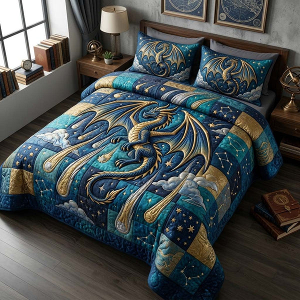 Starfire Dragon quilted 3-piece bedding set on a made bed with two matching pillow shams