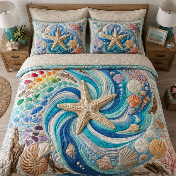 Starfish Harbor quilted 3-piece bedding set on a made bed in a light coastal bedroom