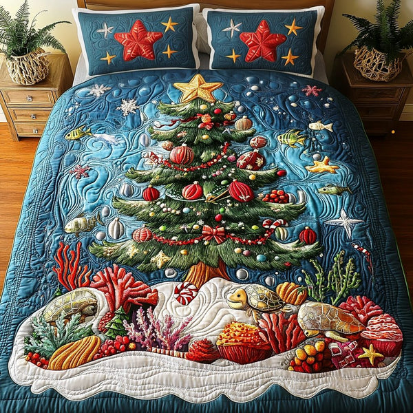 Starfish Magic quilted 3-piece bedding set on a made bed in a light coastal bedroom