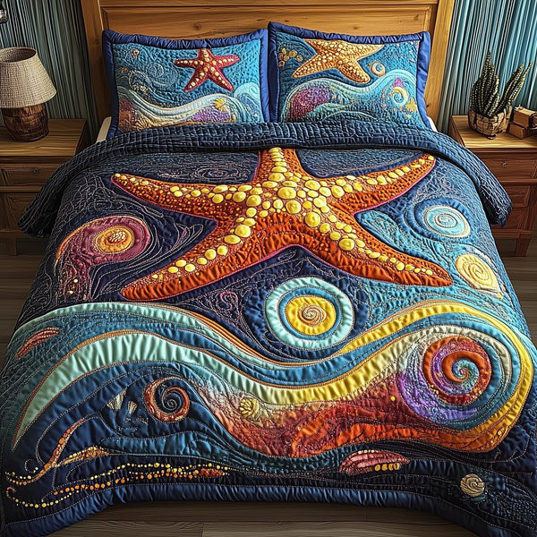 Starfish Serenade quilted 3-piece bedding set on a made bed in a light coastal bedroom