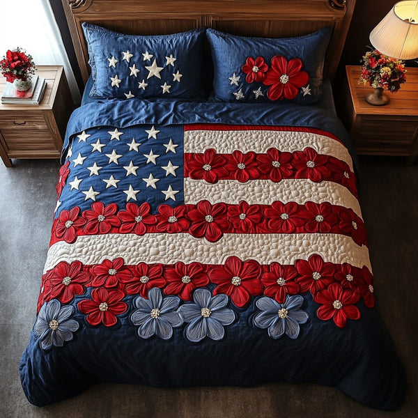 Starland Petals quilted 3-piece bedding set on a made bed with two matching pillow shams