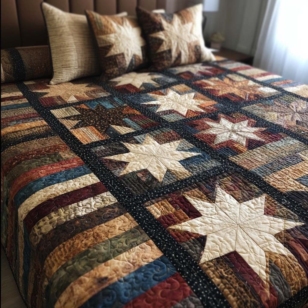 Starland Roots quilted 3-piece bedding set on a made bed with two matching pillow shams