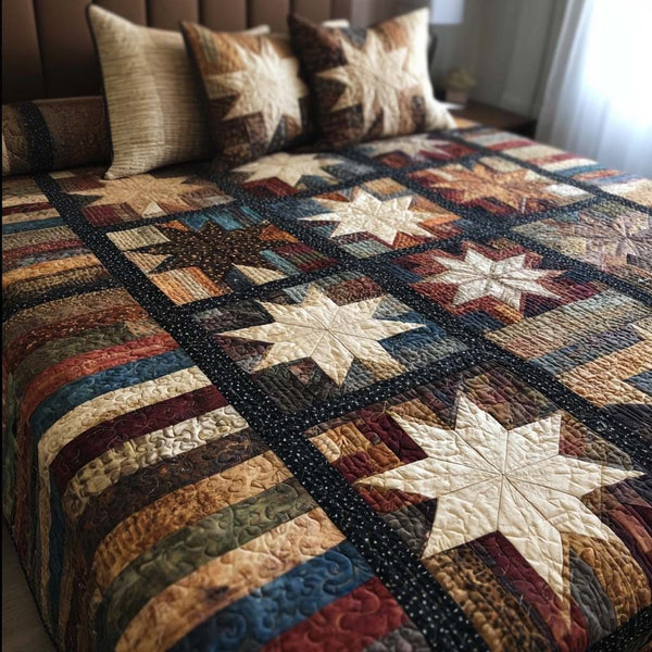 Starland Roots quilted 3-piece bedding set on a made bed with two matching pillow shams