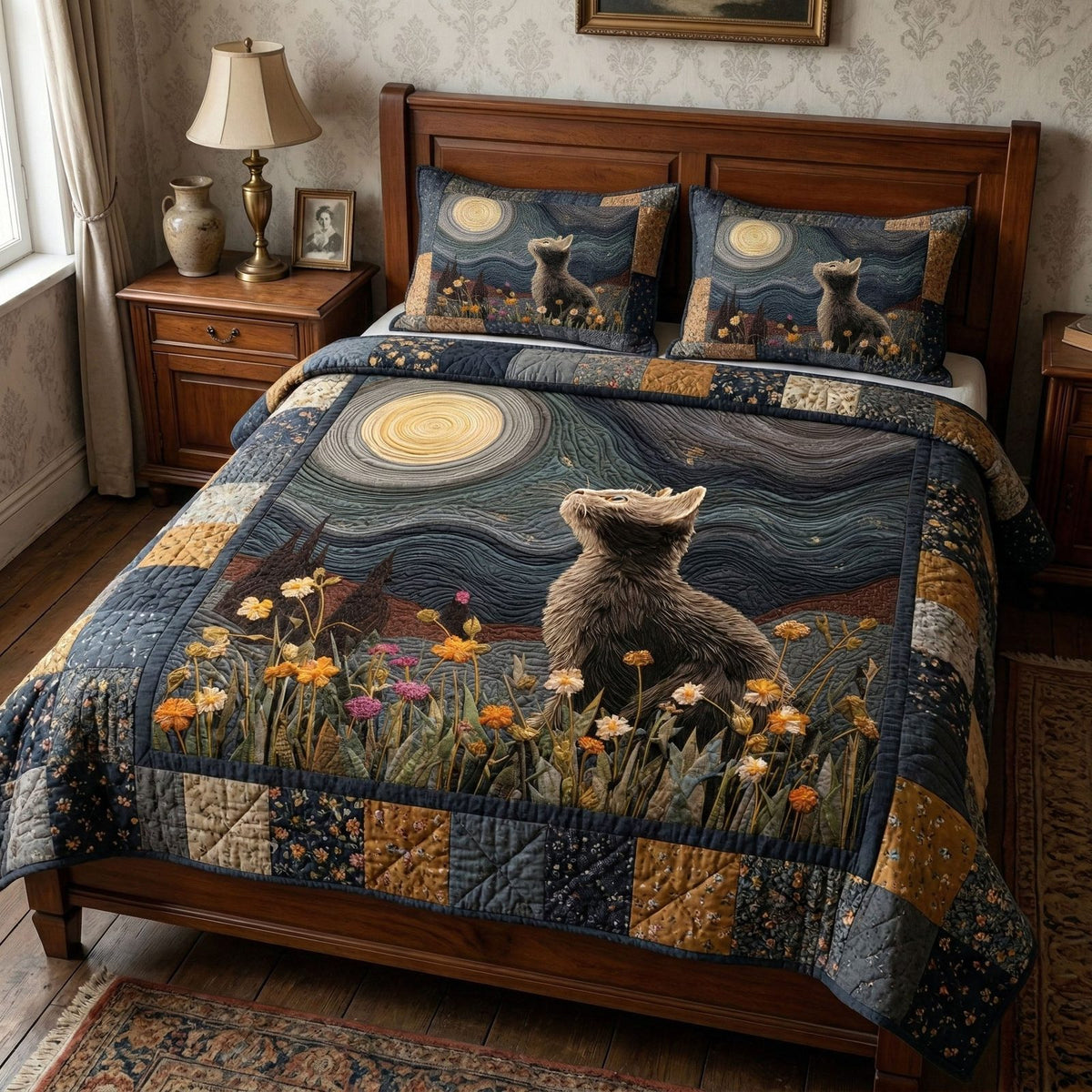 Starlight Cat Field quilted 3-piece bedding set on a made bed with two matching pillow shams