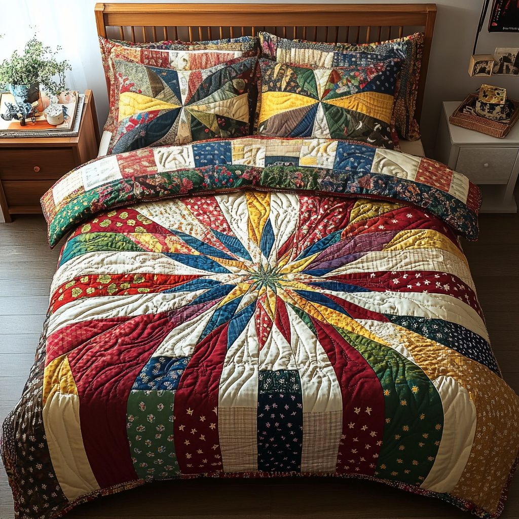 Starlight Dreams quilted 3-piece bedding set on a made bed with two matching pillow shams