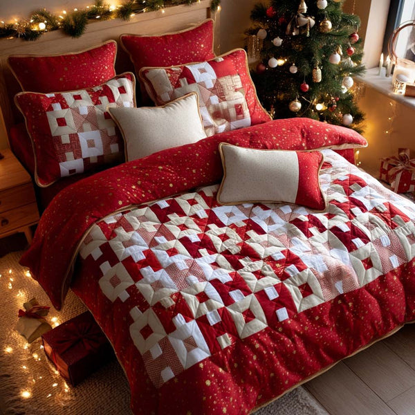 Starlight Ho Ho Ho quilted 3-piece bedding set on a made bed with two matching pillow shams