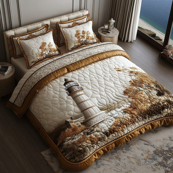 Starlight Lighthouse quilted 3-piece bedding set on a made bed in a light coastal bedroom