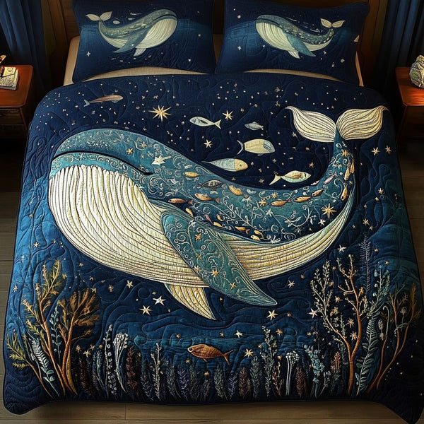 Starlight Whales quilted 3-piece bedding set on a made bed in a light coastal bedroom