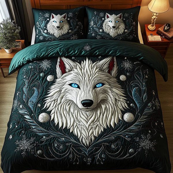 Starlight Wolf quilted 3-piece bedding set on a made bed with two matching pillow shams