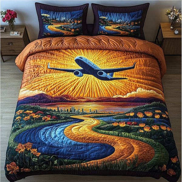 Starlit Airplane quilted 3-piece bedding set on a made bed with two matching pillow shams