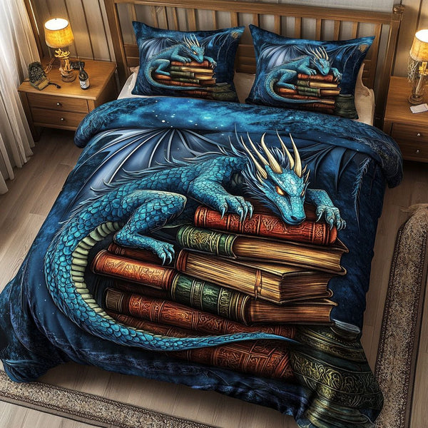 Starlit Book Hoard quilted 3-piece bedding set on a made bed with two matching pillow shams