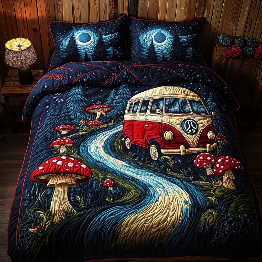 Starlit Camper Trails quilted 3-piece bedding set on a made bed with two matching pillow shams