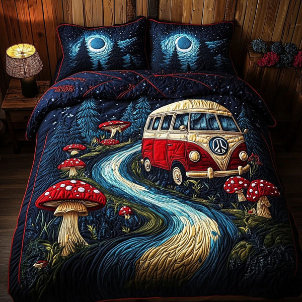 Starlit Camper Trails quilted 3-piece bedding set on a made bed with two matching pillow shams