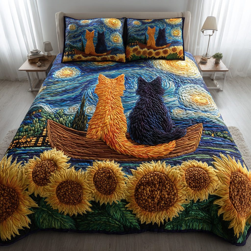 Starlit Cat Garden quilted 3-piece bedding set on a made bed with two matching pillow shams