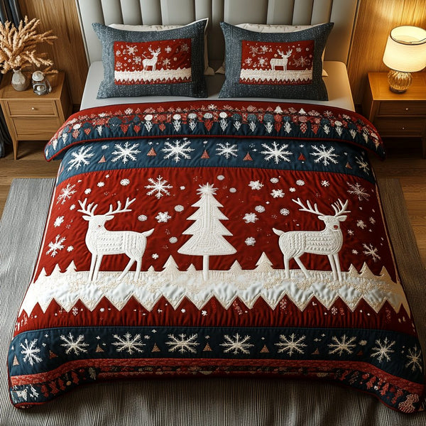 Starlit Deer quilted 3-piece bedding set on a made bed with two matching pillow shams