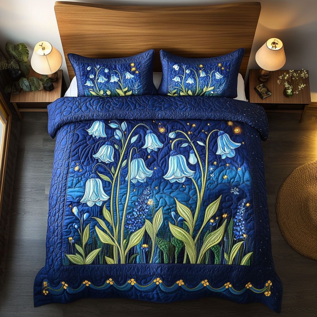 Starlit Flowers quilted 3-piece bedding set on a made bed with two matching pillow shams