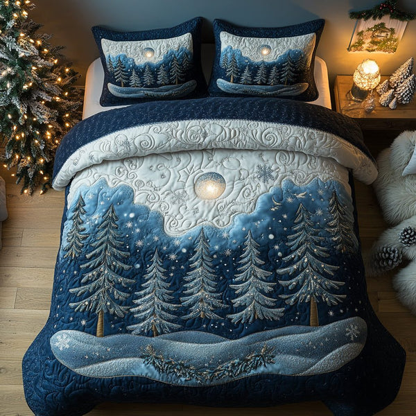 Starlit Forest quilted 3-piece bedding set on a made bed with two matching pillow shams