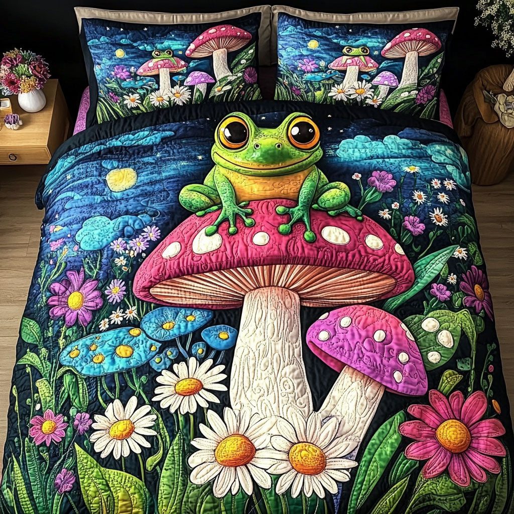 Starlit Frogs quilted 3-piece bedding set on a made bed with two matching pillow shams