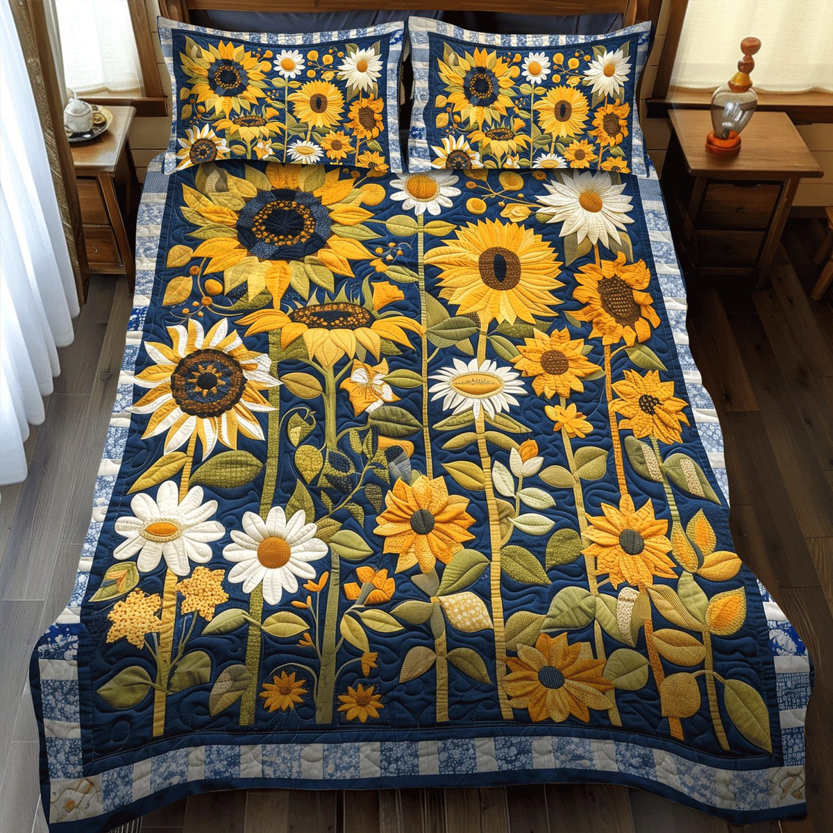 Starlit Garden quilted 3-piece bedding set on a made bed with two matching pillow shams