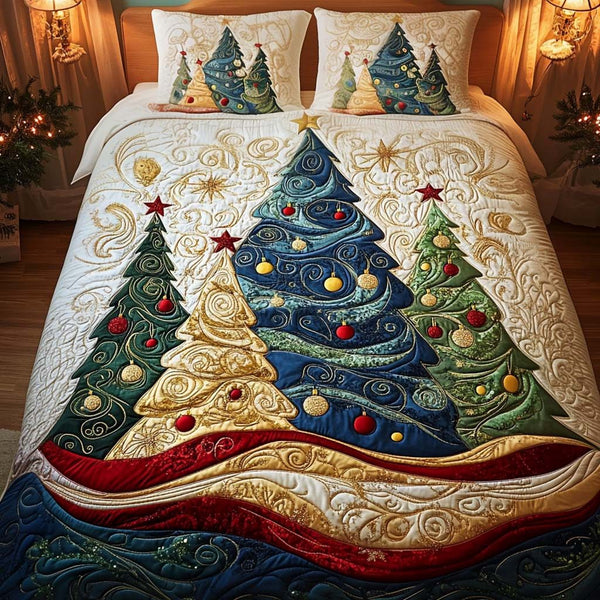 Starlit Holiday Breeze quilted 3-piece bedding set on a made bed in a winter-styled bedroom