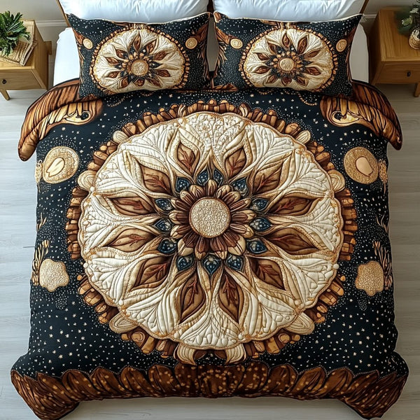 Starlit Mandala quilted 3-piece bedding set on a made bed with two matching pillow shams