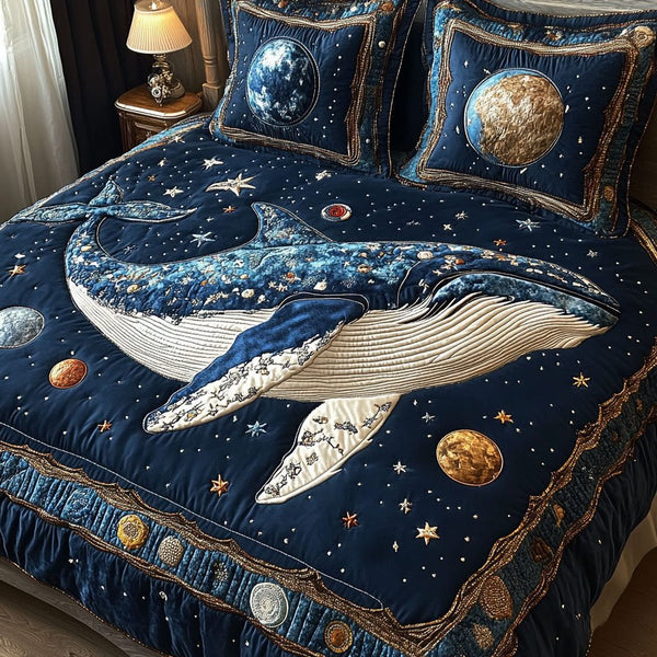 Starlit Ocean Symphony quilted 3-piece bedding set on a made bed in a light coastal bedroom