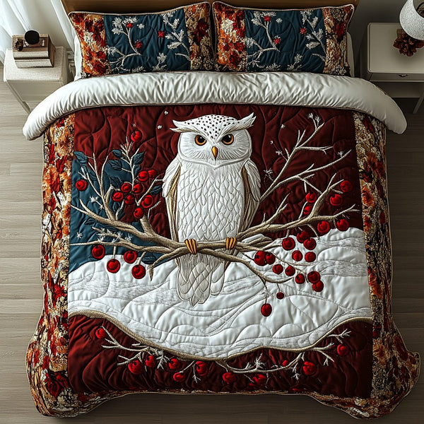 Starlit Owl quilted 3-piece bedding set on a made bed with two matching pillow shams