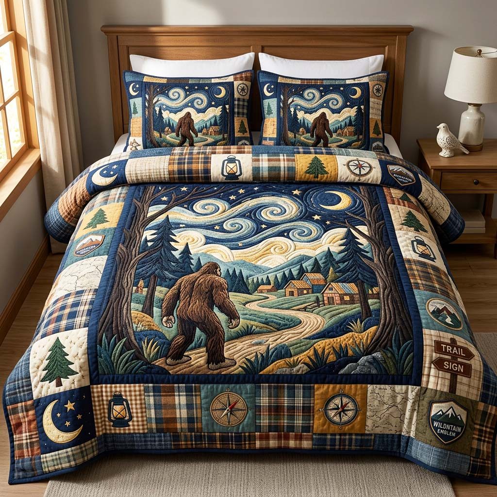 Starlit Path quilted 3-piece bedding set on a made bed with two matching pillow shams