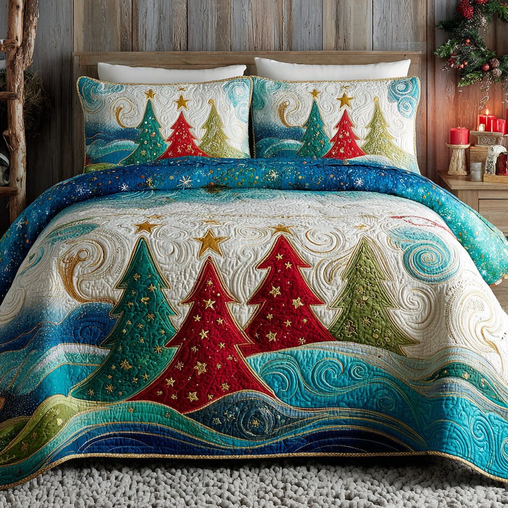 Starlit Pines quilted 3-piece bedding set on a made bed with two matching pillow shams